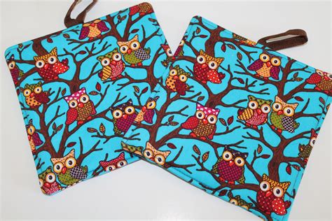 Turquoise Owl Potholders Set Of 2 Hot Pad By Hungrycow On Etsy Owl Kitchen Decor Fabric