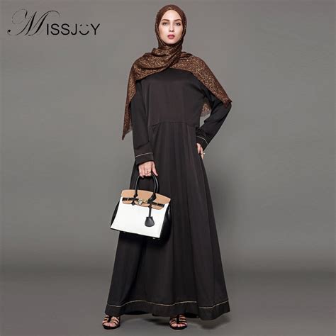 Missjoy Maxi Dress Muslim Fashion Women Long Sleeve Black Back Lace Up