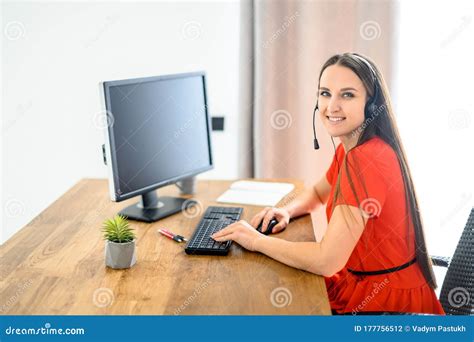 Woman Using Headset And Pc For Work Stock Photo Image Of Monitor Laptop 177756512