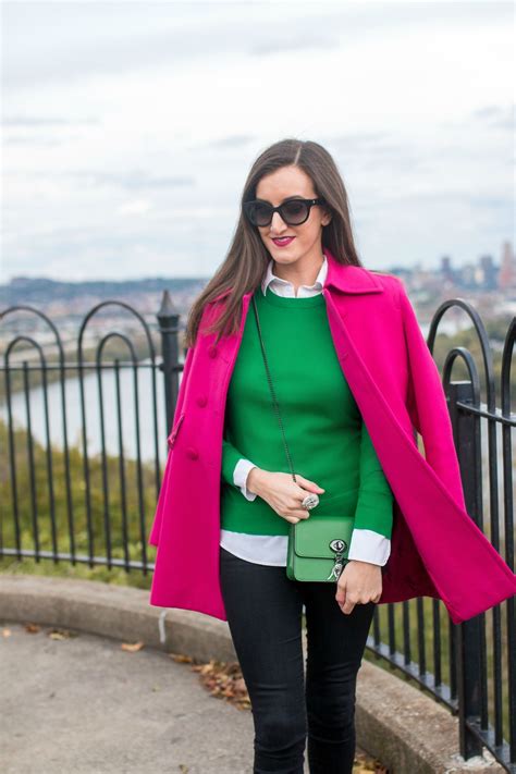 Hot Pink Coat Outfit Ideas Baubles To Bubbles By Olivia Johnson Green