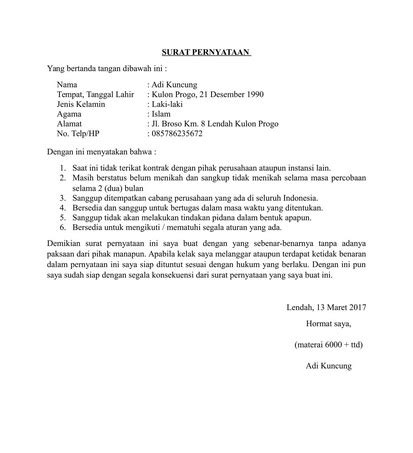 Setelahnya, silahkan tulis penjabarannya dalam surat penyataan. Contoh Surat: Surat Pernyataan - WAWASANPENDIDIKAN