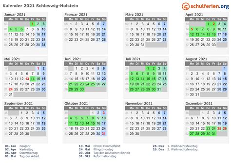 Schulferien von ferienbeginn bis ferienende sind eingezeichnet. Kalender 2021 + Ferien Schleswig-Holstein, Feiertage