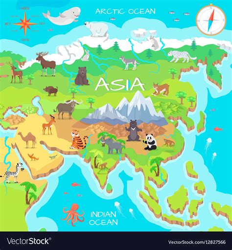 Asia Mainland Cartoon Map With Fauna Species Vector Image
