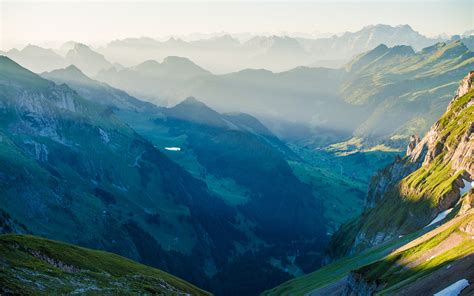 Nature Landscape Mountain Mist Sunrise Switzerland Alps Valley