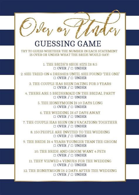Over Or Under Bridal Shower Game Wedding Shower Game Bridal Guessing Game Navy And Gol