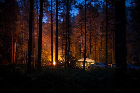 Campfire Light In The Forest Night Nature Stock Photos ~ Creative Market