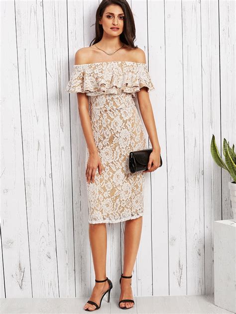 White Lace Overlay Ruffle Off The Shoulder Dress Sheinsheinside