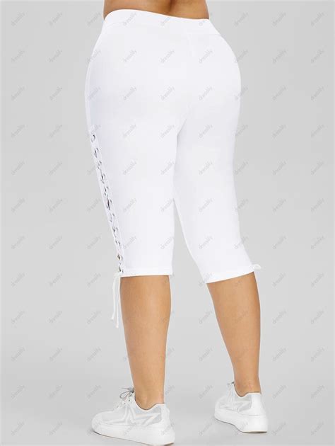 Off Lace Up Side High Waisted Plus Size Capri Pants In White