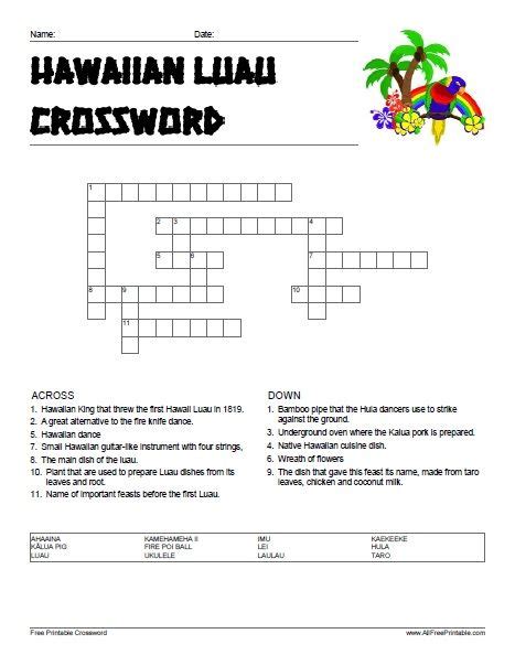 Free Printable Hawaiian Luau Crossword Puzzle  Printable games for