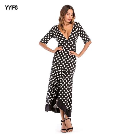Free Shipping 2018 Spring Summer Sexy Women Dress Deep V Neck Backless Wave Point European Style