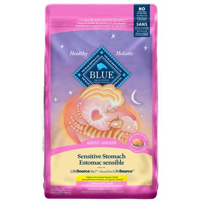 Blue dry cat food is made with the finest natural ingredients enhanced with vitamins and minerals; Blue Buffalo Sensitive Stomach Adult Cat Chicken 7LB