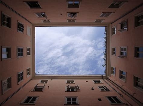 Worms Eye View Building Cloudy Sky Perspective Windows Exterior