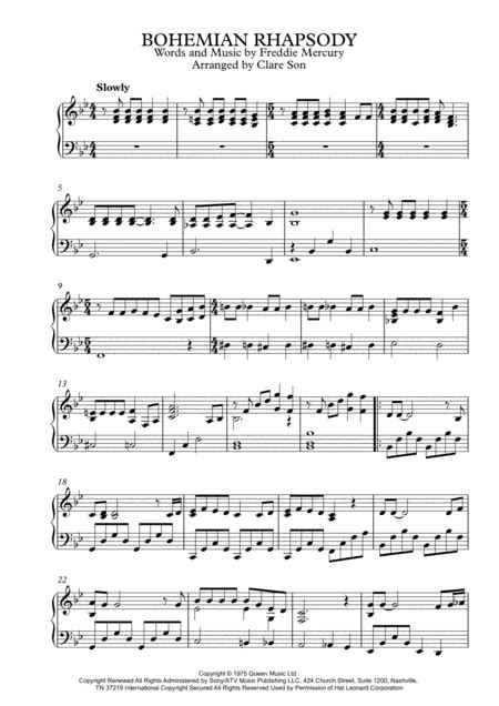 Bohemian Rhapsody By Queen Intermediate Piano Arrangement Free Music