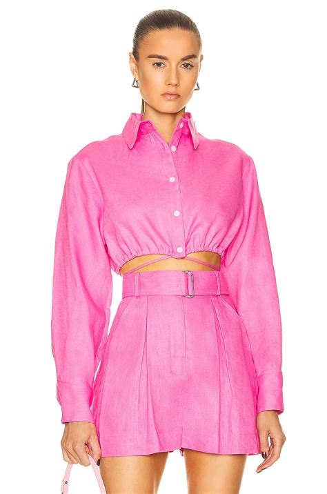 Matthew Bruch For Fwrd Long Sleeve Cropped Button Down Top In Hot Pink Fwrd