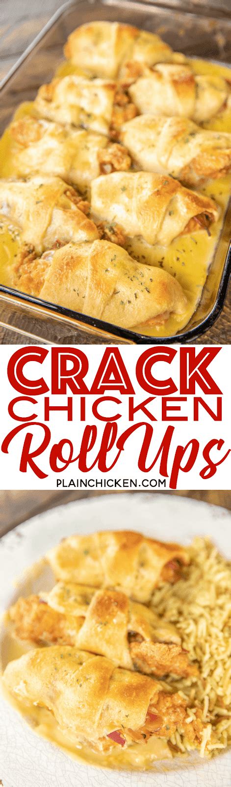 Then it's baked for 15 minutes to continue cooking the chicken, and also then simply sit back and let the compliments roll in. Crack Chicken Roll Ups | Plain Chicken®