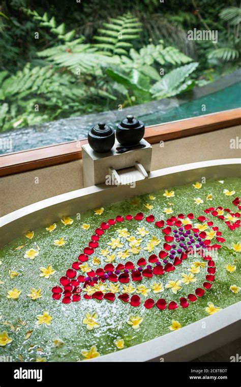 Luxury Stone Bath Tub With Tropical Flowers For Beauty Spa Treatment Relaxation In Hotel