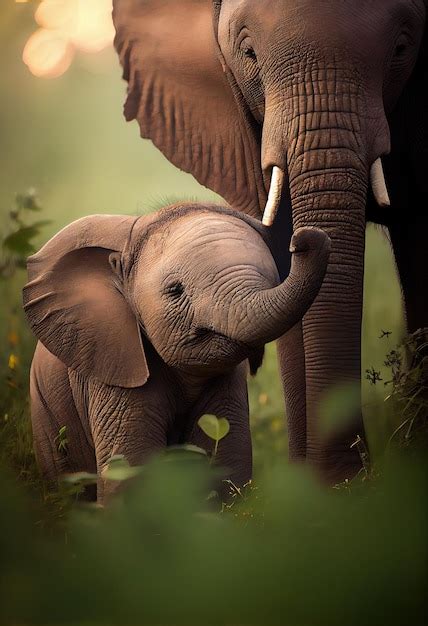 Premium Ai Image Baby Elephant Playing With Its Mother In A Grassy