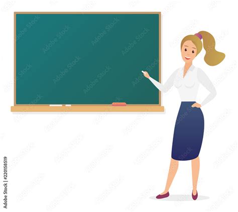 Young Woman Teacher Standing In Front Of Blank School Blackboard Vector