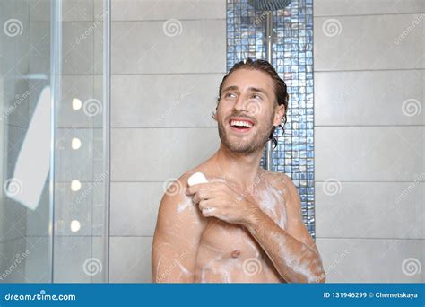 Attractive Young Man Taking Shower With Soap Stock Image Image Of