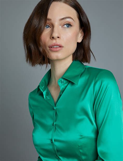 Womens Green Fitted Satin Shirt Single Cuff Hawes And Curtis