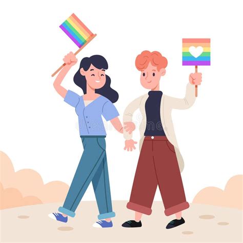 Cute Lesbian Couple With Lgbt Flag Illustrated Vector Illustration Stock Vector Illustration