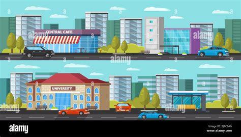 Urban Landscape Horizontal Banners With Cars Trees Cityscape And Modern