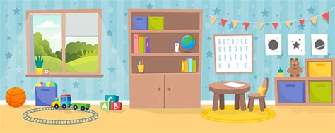 Cozy living room interior in cartoon style. Kindergarten Or Kid Room Interior Vector Illustration ...