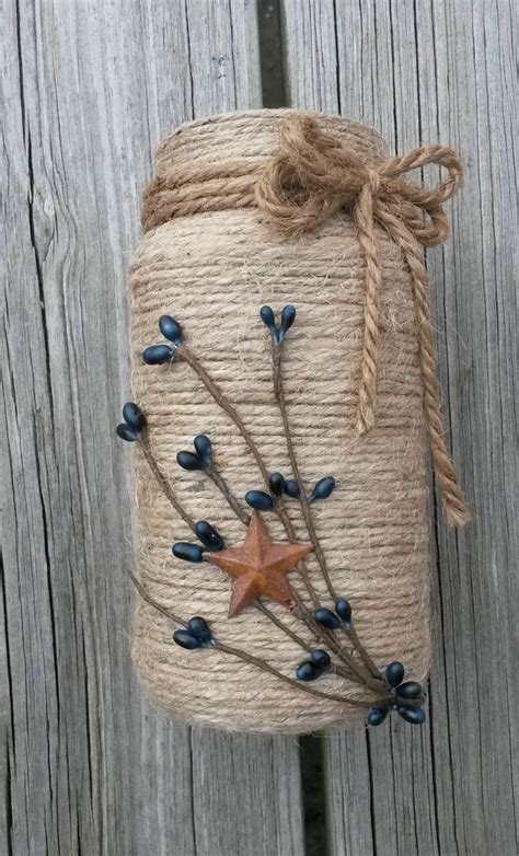 Handmade Jute Twine Wrapped Rustic Prim Mason Jar With Pip