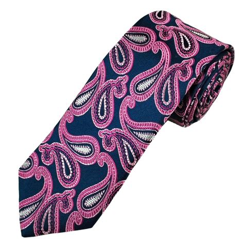 Navy Blue And Pink Paisley Patterned Luxury Mens Silk Tie From Ties