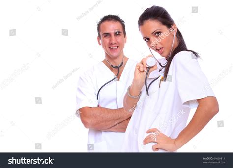 Smiling Medical Doctors Stethoscopes Isolated Over Stock Photo 64620811