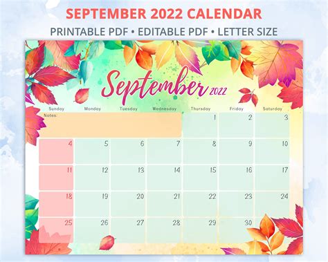 September Calendar 2022 Editable Calendar With Beautiful Autumn Leaves