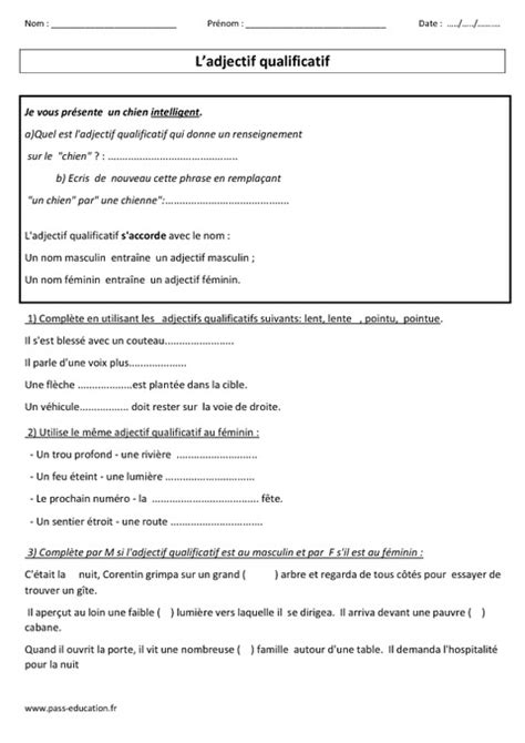 Adjectif qualificatif - Ce2 - Exercices avec correction ...