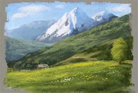 Artstation Digital Landscape Oil Painting Of Mountains And Valleys