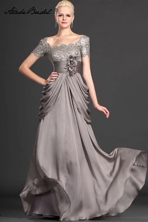Mother Of The Groom Dresses Elegant A Line Cap Sleeve Gray Lace Chiffon