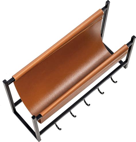 Industrial Black Metal Hanging Magazine Rack With Leatherette Sling W