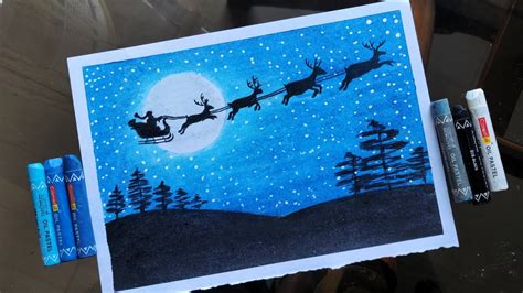 How To Draw Santa Claus With Sleigh Moonlight Scenery With Oil Pastel