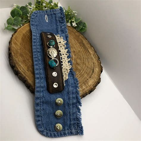 Denim Cuff Bracelet Handmade Jewelry Leather Accents Unique Etsy