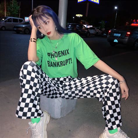 Black and white checkered pants outfit women. FREE SHIPPING Streetwear Plaid Women Pants Elastic Waist ...