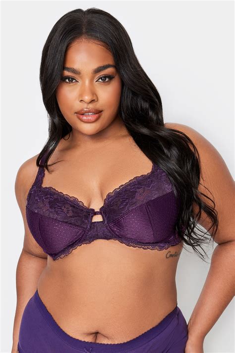 Yours Plus Size Purple Lace Trim Non Padded Underwired Bra Yours Clothing