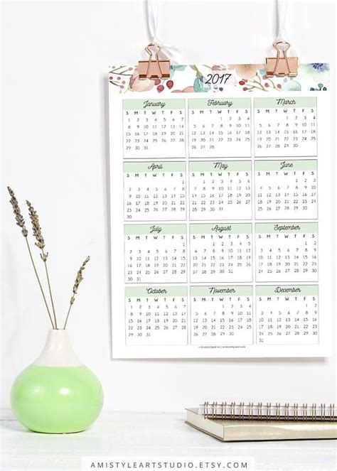 Printable Wall Calendar Embellished With Watercolor Floral Design By