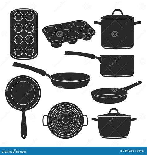 A Set Of Silhouettes Of Kitchen Utensils Black Silhouettes Of Pots