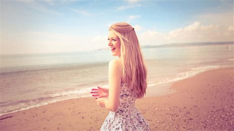 Wallpaper Happy Blonde Girl Skirt Beach Sea Summer