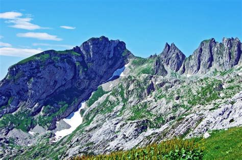 Alpine Landscape And Rocky Peaks Of Alpstein Mountain Range Stock Image