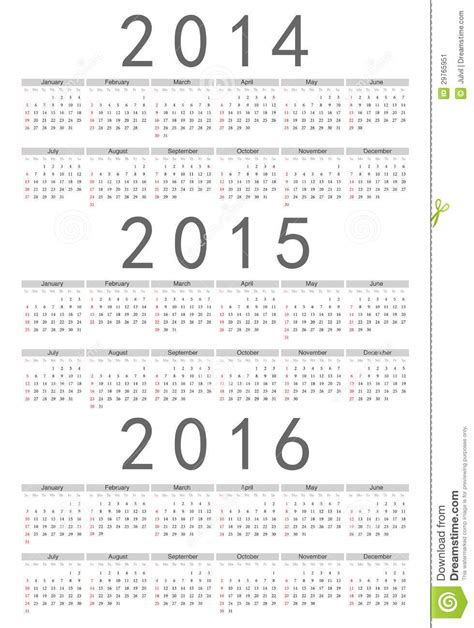 European 2014 2015 2016 Year Vector Calendar Stock Vector