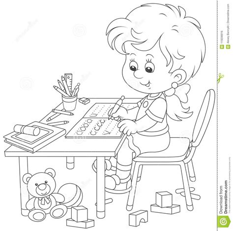 Girl Doing Homework After Her Game With Toys Stock Vector