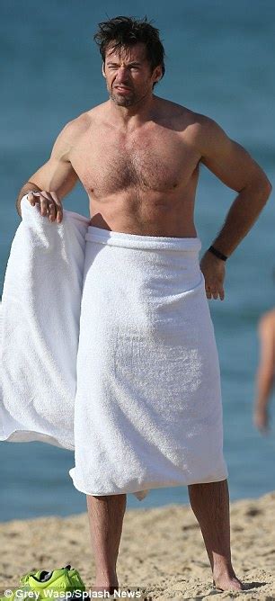Hugh Jackman Flexes His Amazing Muscles In Shark Swimming Trunks On The