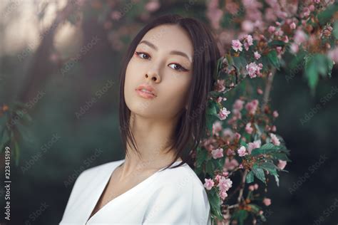 Asian Woman Fashion Close Up Portrait Beautiful Mixed Race Asian Caucasian Young Girl Perfect