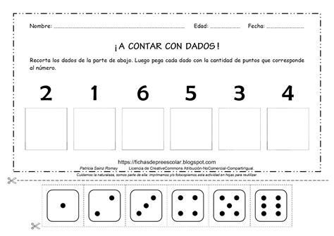 FICHAS DE EDUCACIÓN PREESCOLAR: ¡ A CONTAR CON DADOS ! Ejercicios de conteo con dados.