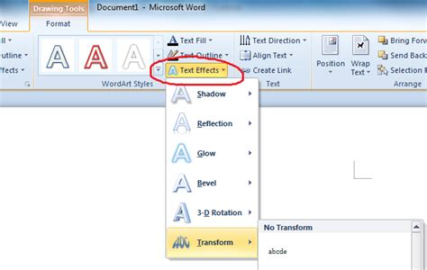 Where Is The Text Transform Option For Curving Text In Microsoft Word