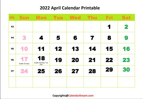 2022 April Calendar Printable Pdf Calendar Dream